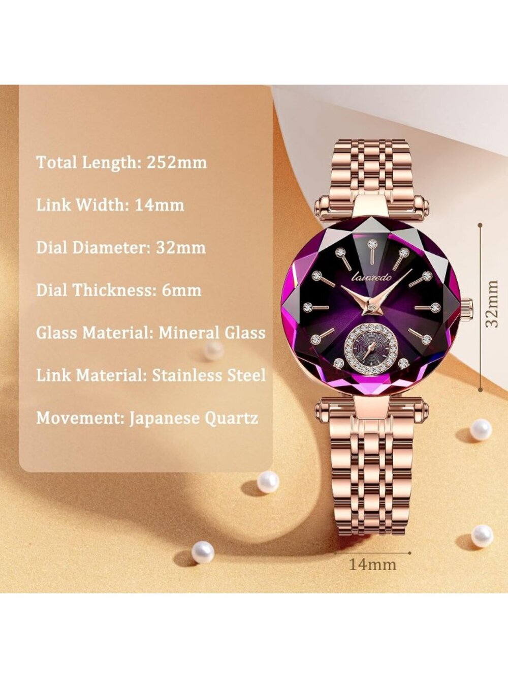 Women Gold Purple Elegant Stainless Steel Analog Creative Diamond Dial Watch - Picture 7 of 7
